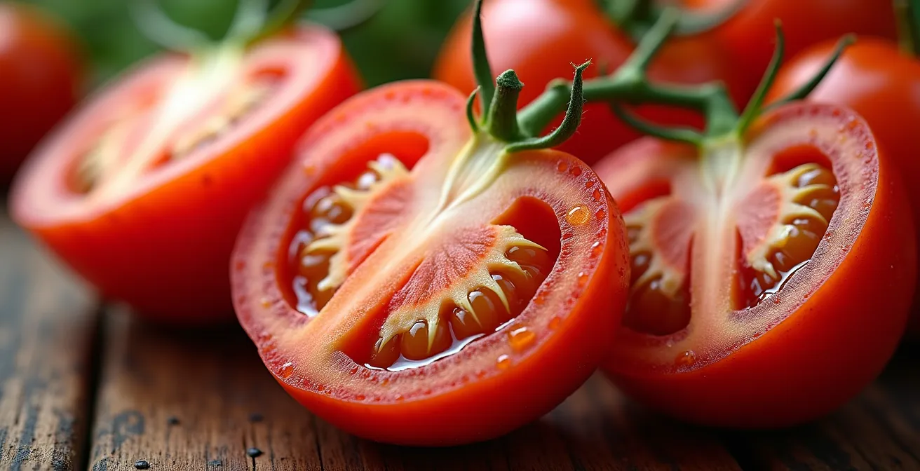 Detalle macro de tomates españoles de diferentes variedades mostrando texturas y colores naturales