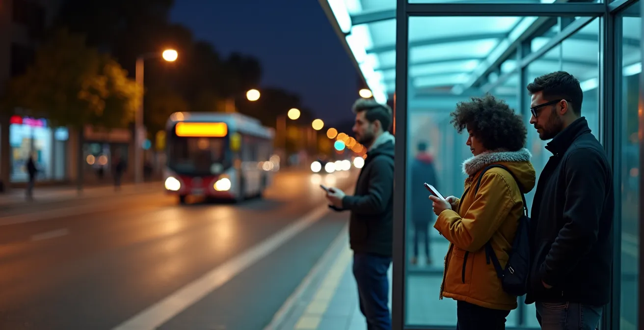 Parada de autobús nocturno iluminada con personas esperando de forma segura