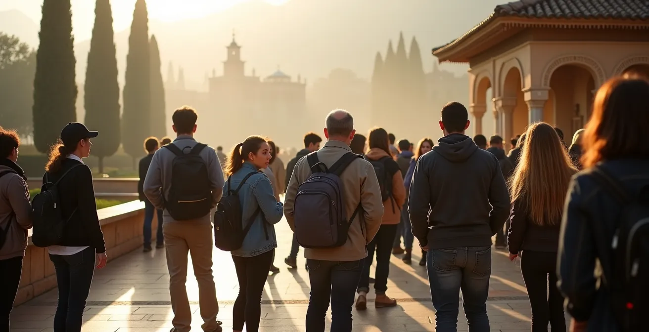 Grupo de turistas esperando en la entrada de la Alhambra durante las primeras horas del amanecer