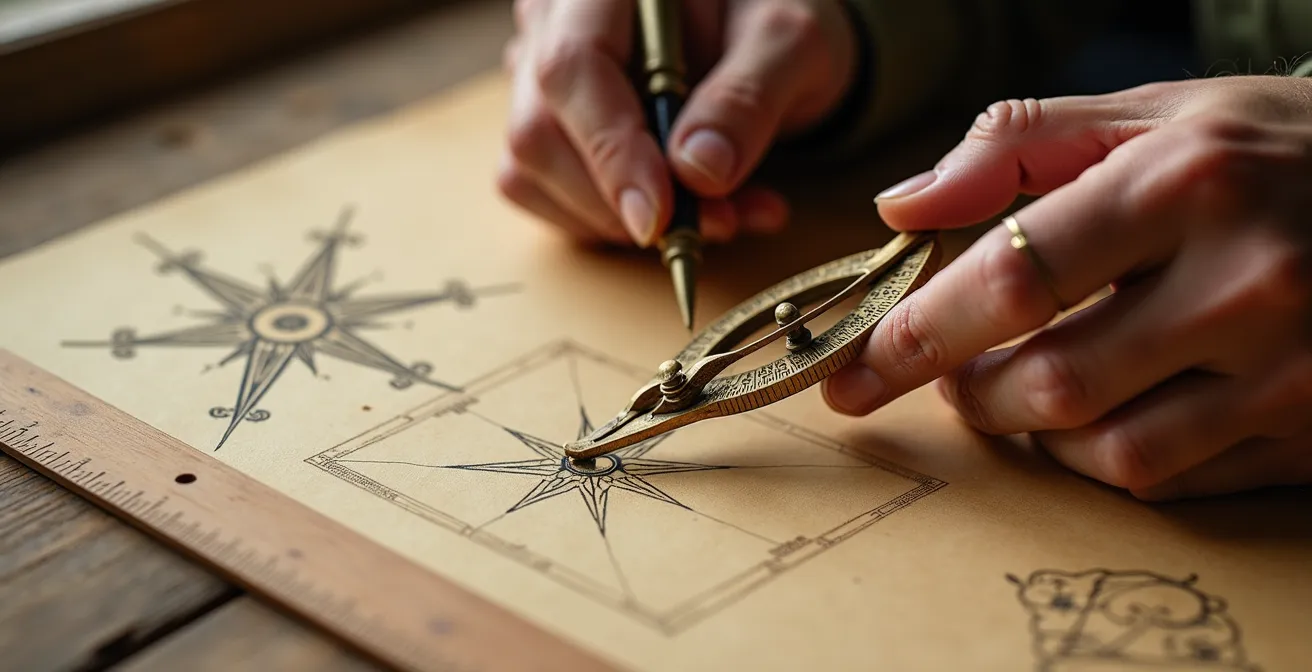 Manos de artesano trazando con compás dorado una estrella de ocho puntas sobre pergamino antiguo