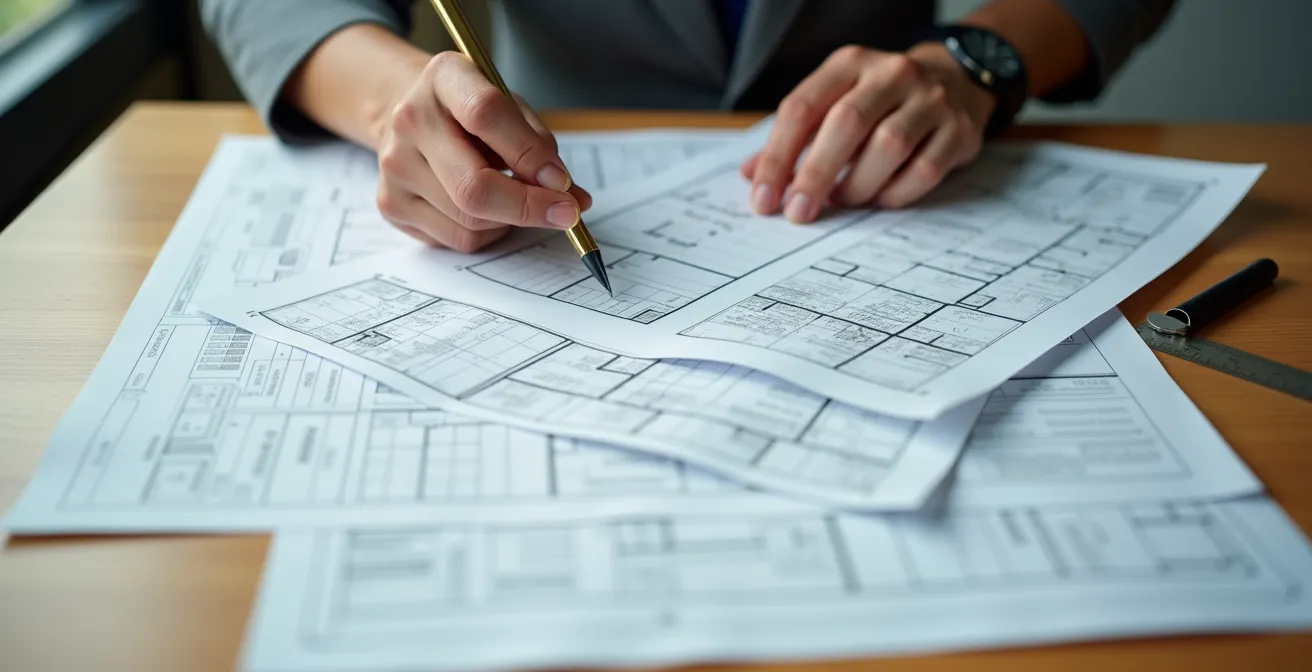 Manos revisando documentos catastrales en escritorio con planos arquitectónicos