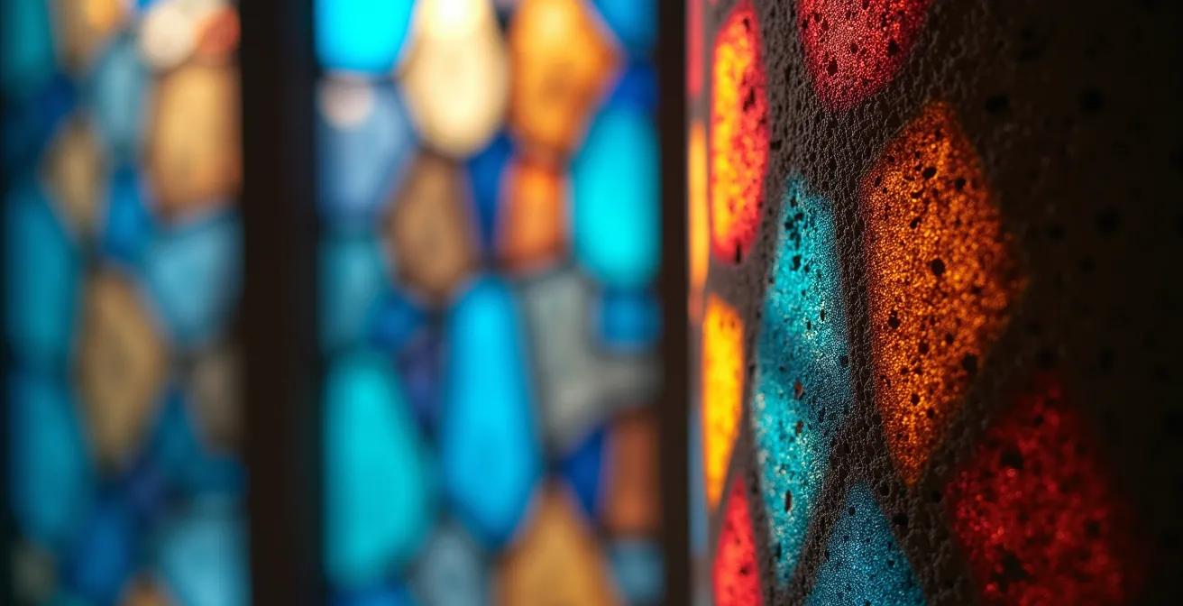 Vidrieras multicolores proyectando luz sobre las columnas interiores de la Sagrada Familia