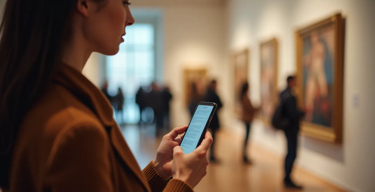 Visitantes usando la aplicación móvil del Museo del Prado en una galería iluminada