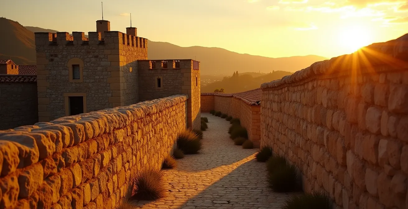 Vista panorámica de murallas medievales iluminadas por luz dorada del atardecer