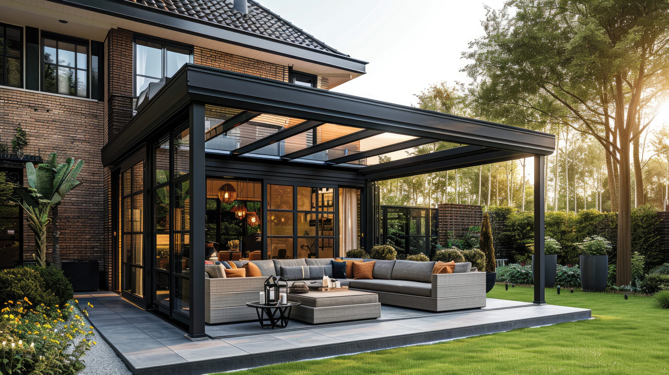 Espacio de comedor exterior amueblado bajo pérgola solar con ambiente acogedor mediterráneo