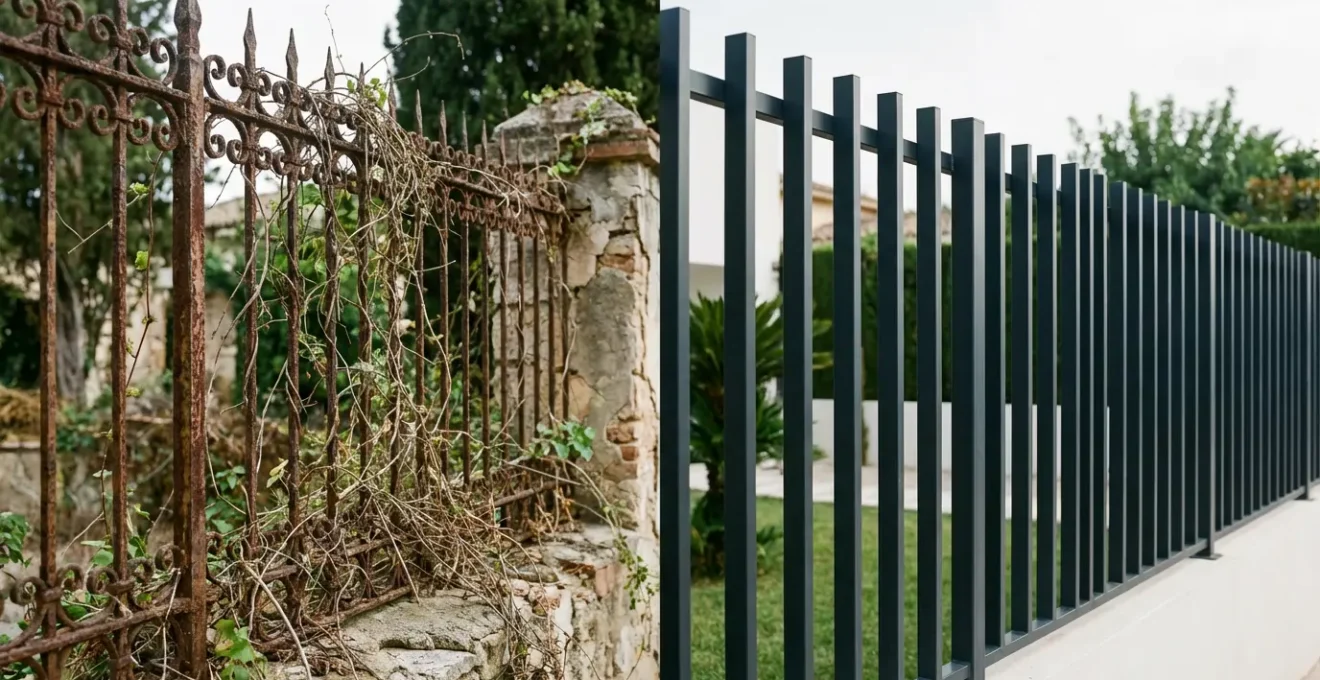 Contraste entre valla de hierro oxidada deteriorada y valla de aluminio nueva en jardín español