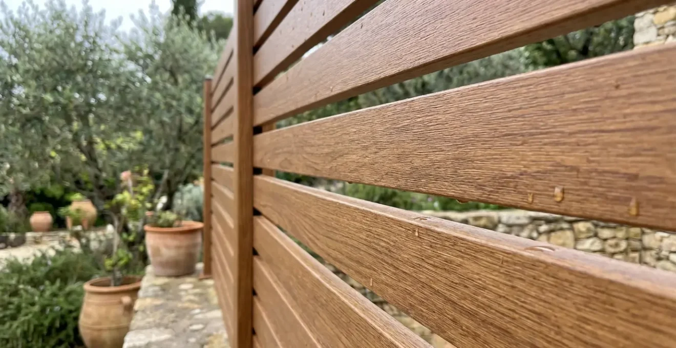 Detalle de lamas de aluminio lacado con acabado imitación madera para valla exterior