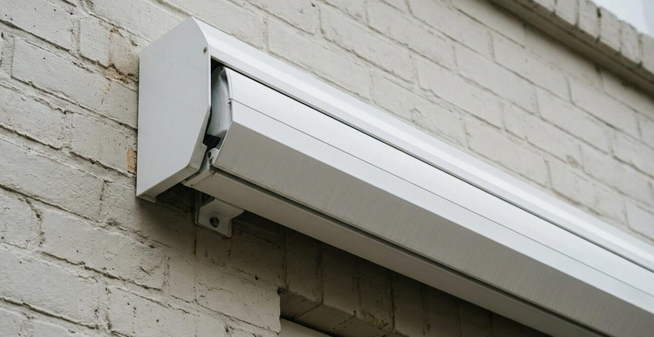 Detalle de perfil de aluminio de toldo cofre cerrado mostrando protección del mecanismo
