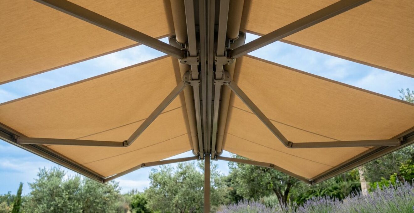Vista de la estructura de doble pendiente de un toldo dos aguas mostrando la cumbrera central