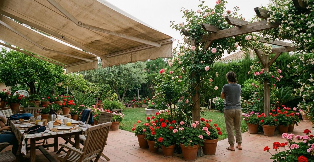 Jardín residencial español con diferentes soluciones de sombra visibles