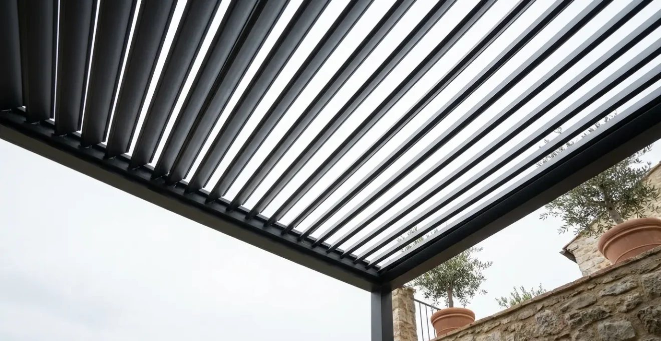 Vista inferior de lamas orientables de pérgola bioclimática mostrando inclinación y geometría del aluminio