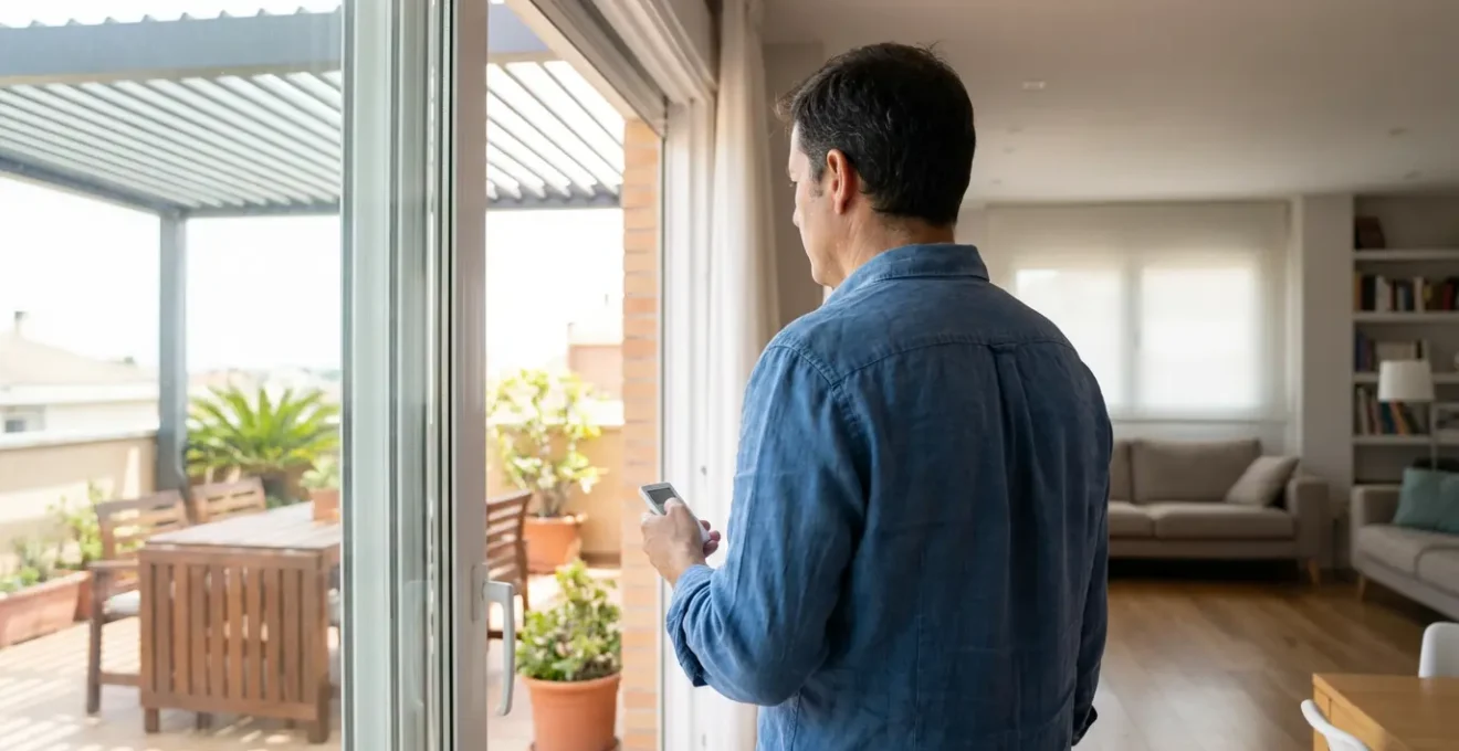 Persona usando mando a distancia de pérgola motorizada desde interior de vivienda con terraza al fondo