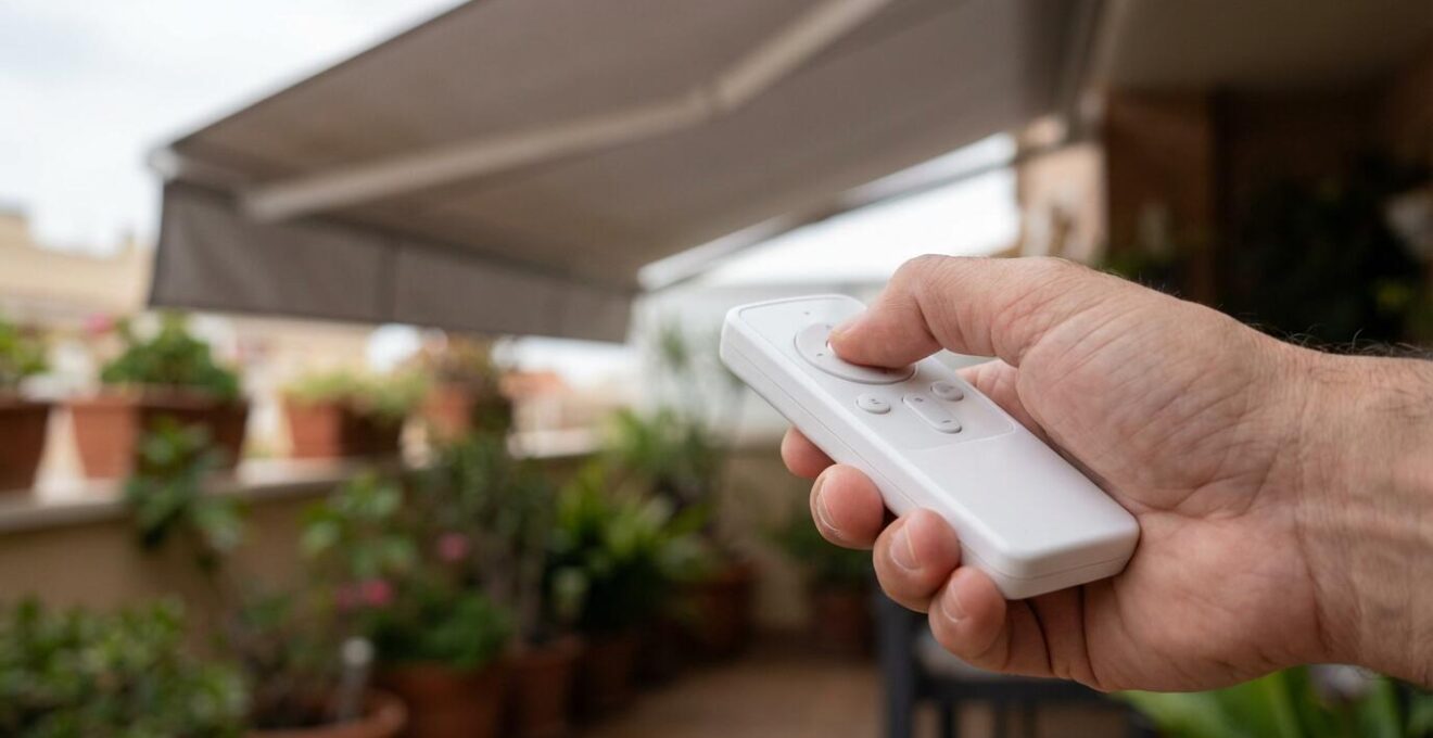 Mano accionando mando a distancia de toldo cofre motorizado en terraza con plantas