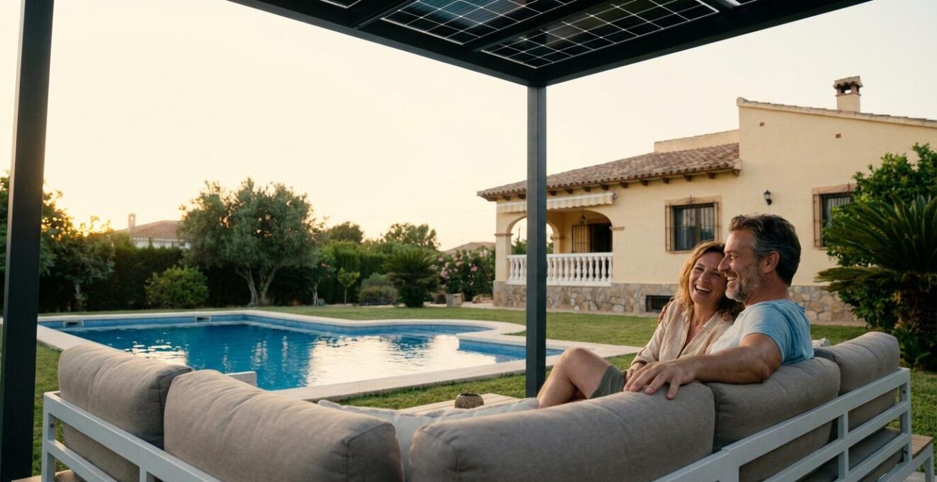 Pérgola solar fotovoltaica instalada en jardín mediterráneo español con pareja disfrutando del espacio exterior