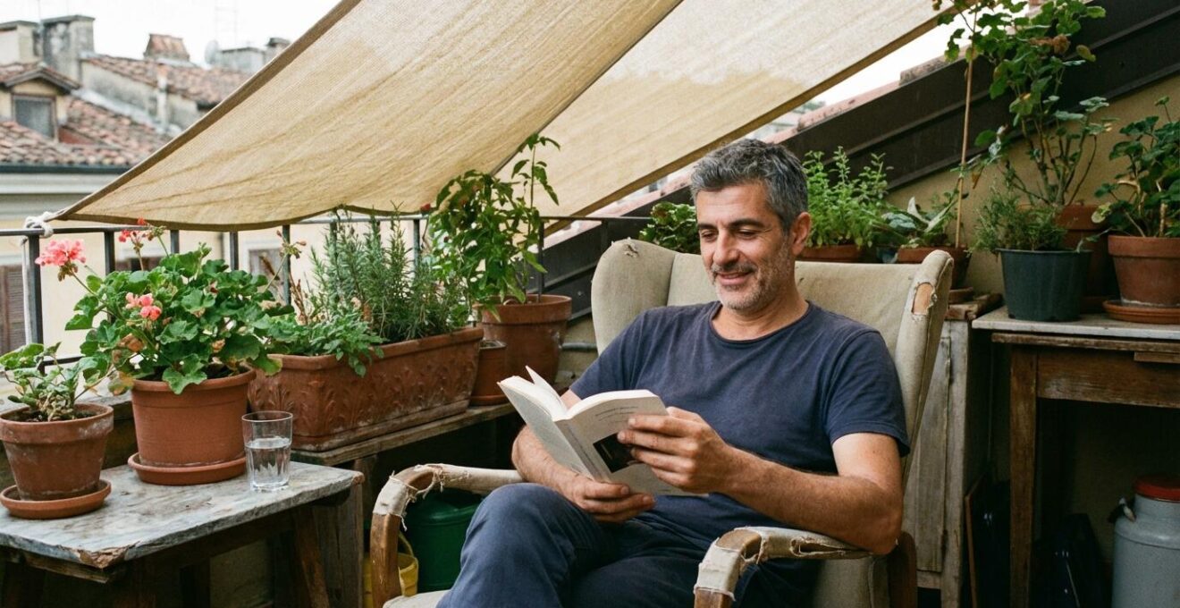 Hombre de mediana edad leyendo cómodamente bajo toldo dos aguas en terraza de ático