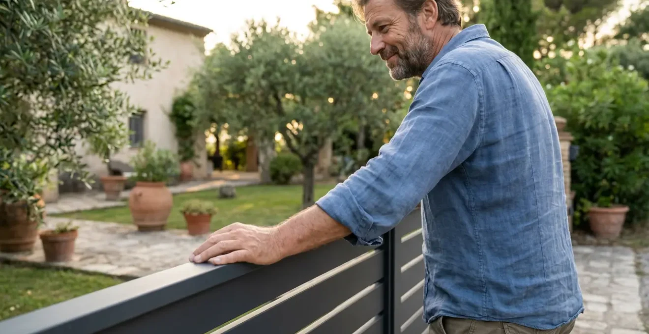 Propietario español observando su nueva valla de aluminio moderna desde el jardín