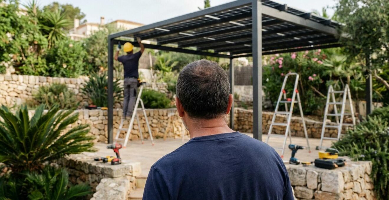Propietario supervisando instalación de pérgola solar en jardín de chalet español