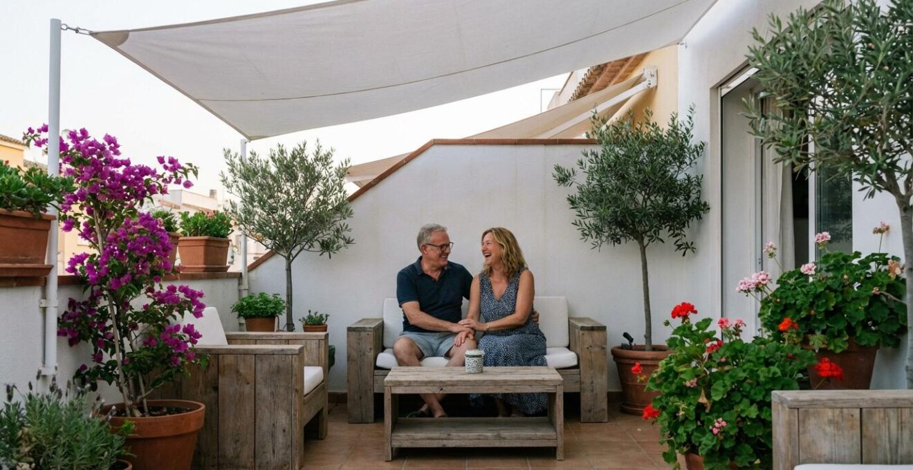 Toldo dos aguas desplegado sobre terraza mediterránea con pareja disfrutando del espacio exterior