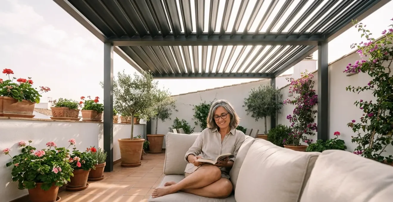 Mujer relajándose bajo pérgola bioclimática con lamas orientables filtrando luz en terraza mediterránea