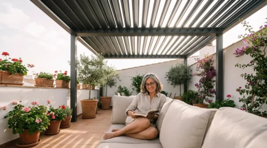 Mujer relajándose bajo pérgola bioclimática con lamas orientables filtrando luz en terraza mediterránea
